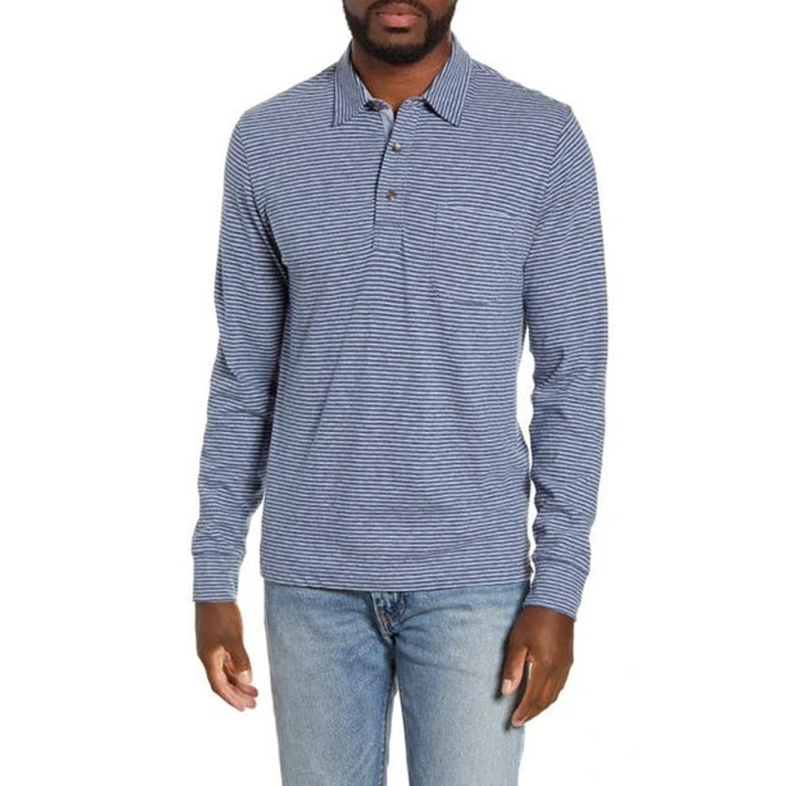 Faherty Luxembourg Pima Long Sleeve Polo Shirt Navy Cream Stripe L A003339